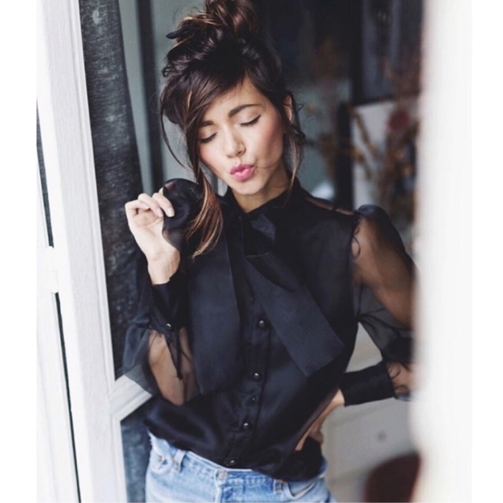 NWOT ZARA SEMI SHEER PUSSY BOW BLOUSE MEDIUM